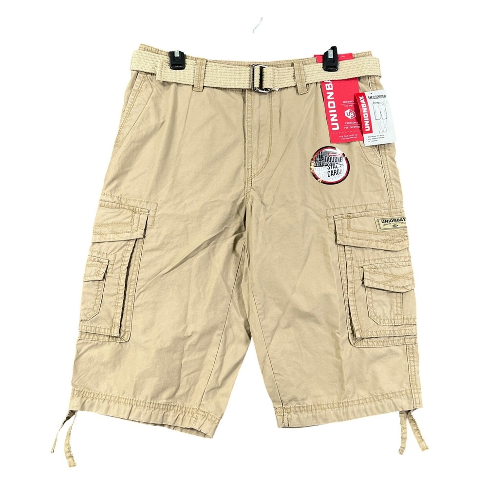Unionbay Messenger Cargo Shorts Mens 32 Tan Double Stack Belted Cotton NWT